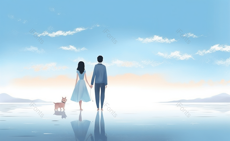 情侣带着小狗在海边散步蓝色背景,插画/手绘图,插画/手绘图库,插画/手绘图下载,插画/手绘
